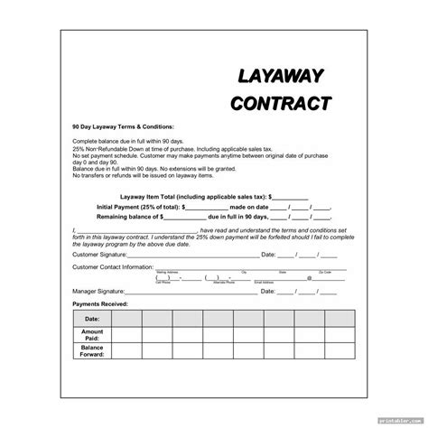 Free Printable Layaway Contract
